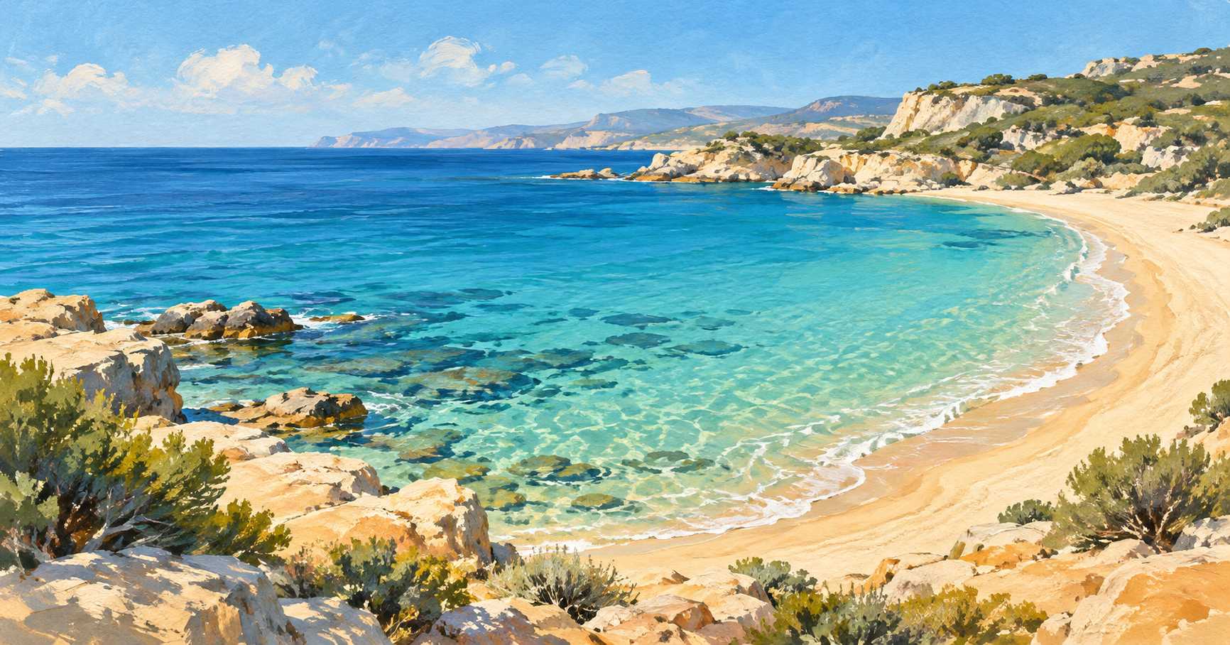 Illustration of a sandy cove, turquoise sea, and pale coastal rocks.